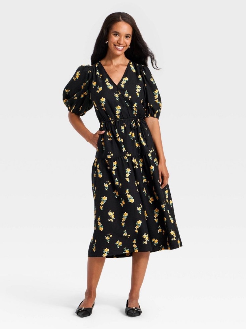 a new day Black Floral Wrap Midi Dress with Puff Sleeves